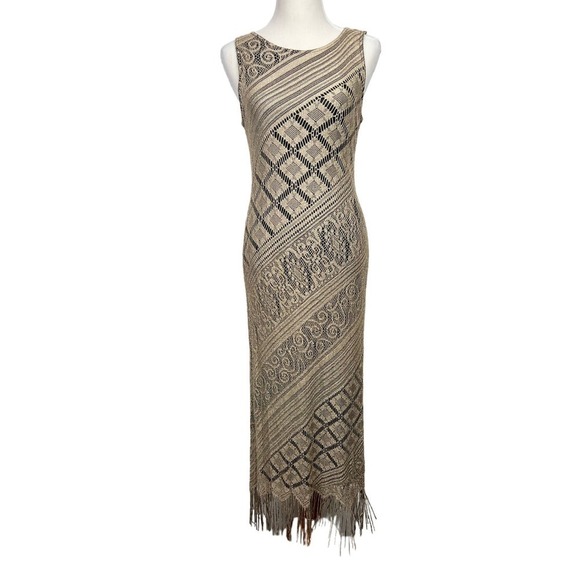 BEAUTIFUL Vintage Harlow 10 Knit Crochet Fringed Lace Stretchy Tank Maxi Dress - Picture 1 of 11